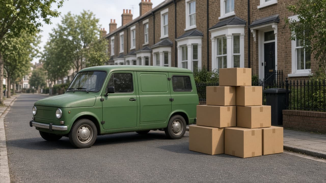 Green van parked on a UK street beside moving boxes